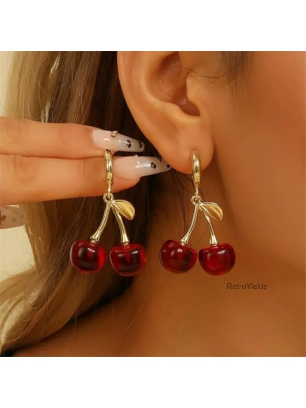 Cute Red Cherry Fruit Drop Dangle Earrings Women Statement Gold Leaf Jewelry